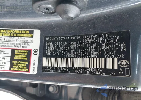 2016 Toyota Corolla Le Premium z USA, uszkodzony, nr VIN 2T1BURHE5GC684903